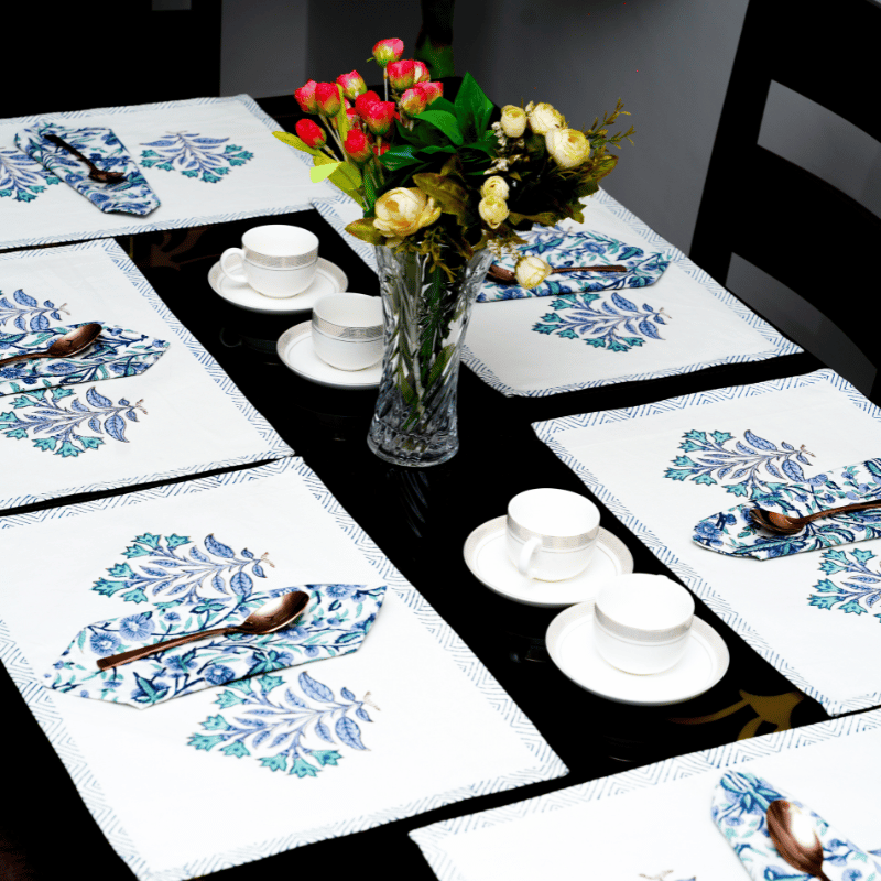 Ivory Blue Handblock Printed Table Runner