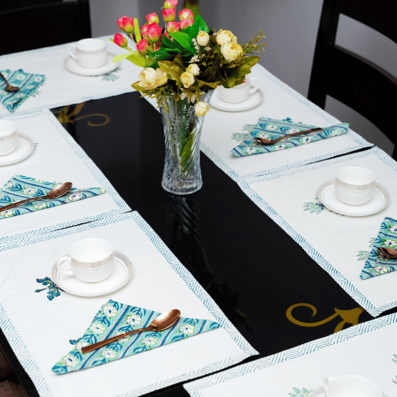 Mint Green Handblock Print Table Mat & Napkeens Set