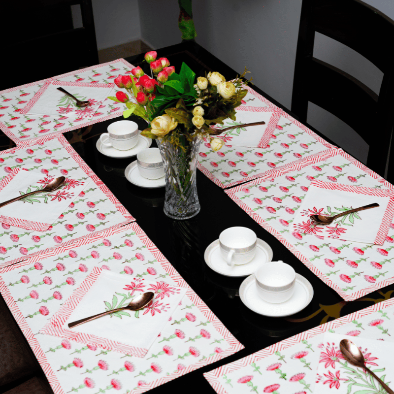 Lotas Pond Handblock Print Table Mat & Napkeens Set