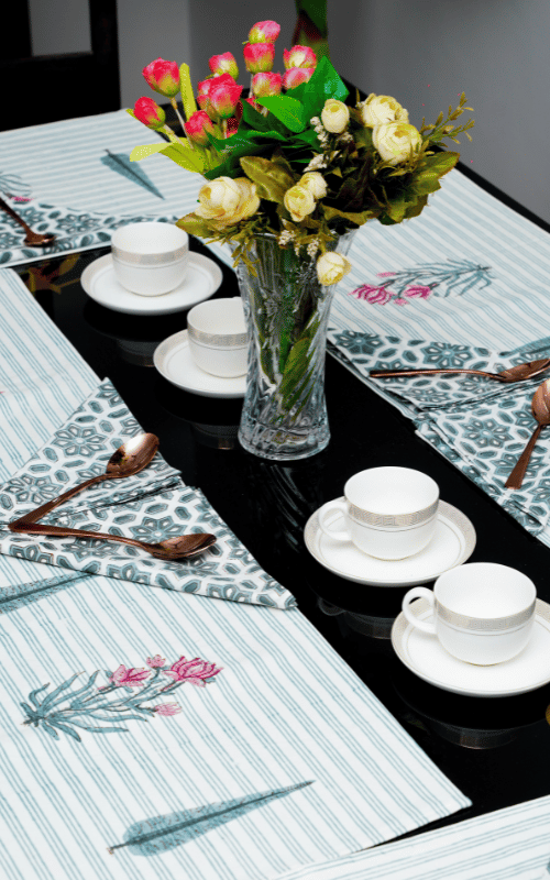 Gray Cypress Handblock Print Table Mat & Napkeens Set